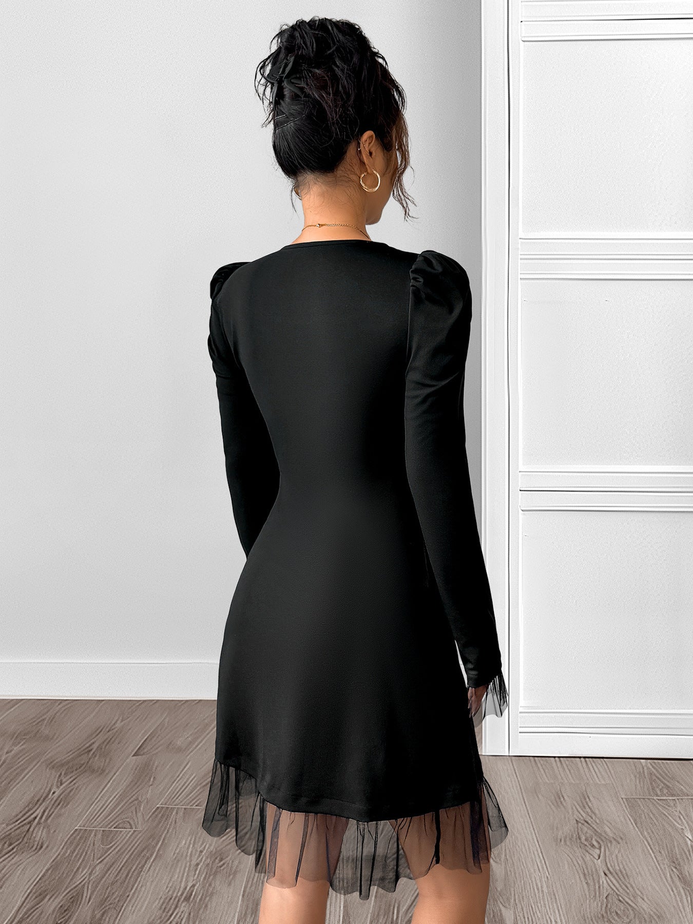 Autumn Square Collar Bubble Long Sleeve Dress Mesh Stitching High Waist A line Dress