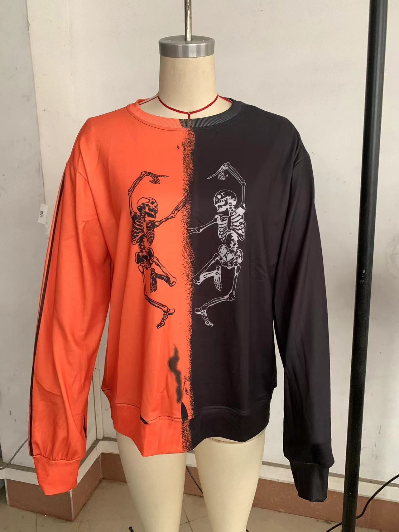 Fall Women Tops Skull Printing Color Contrast Personality Street Loose Sweater Women