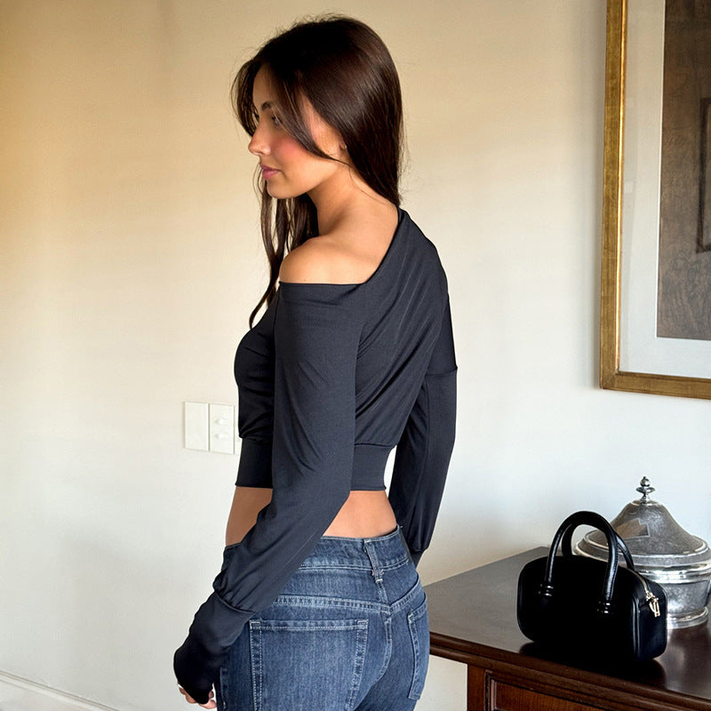 Women Clothing Summer Elegant Shoulder Long Sleeve Waist Tight Solid Color Top