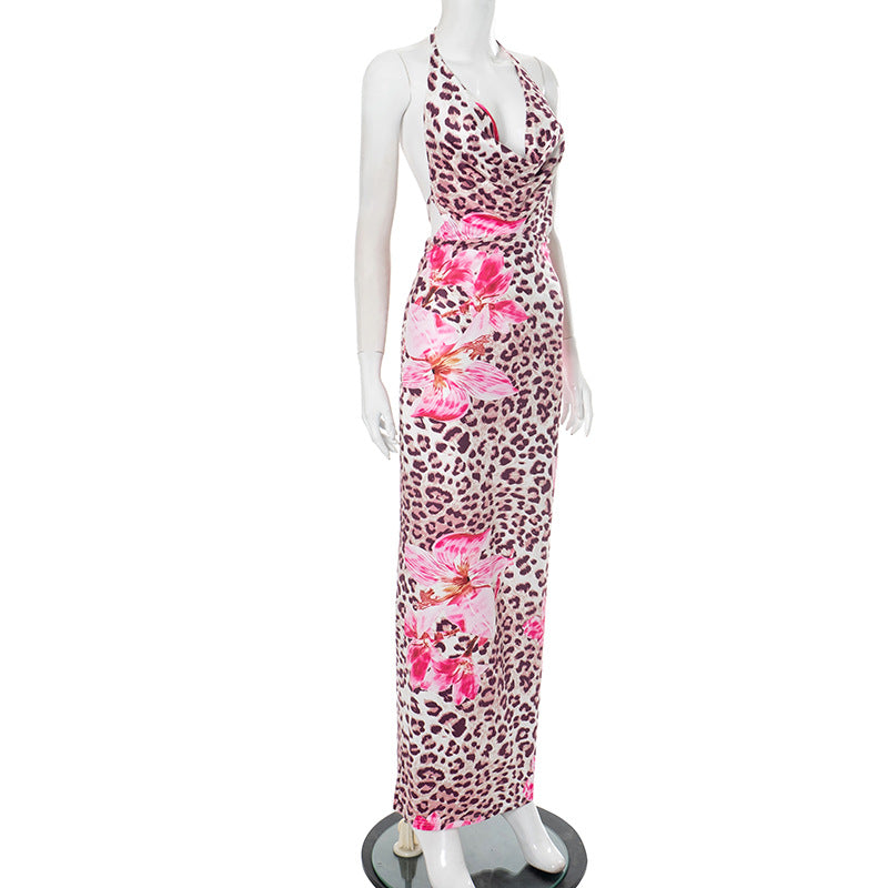 Women Clothing Dignified Floral Leopard Print Swing Collar Backless Rope Skinny Maxi Dress