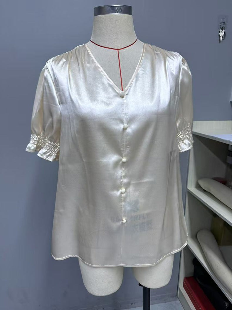 Satin V neck Buttons Shirt Spring Autumn French Casual Short Sleeve Ruffle Blouse
