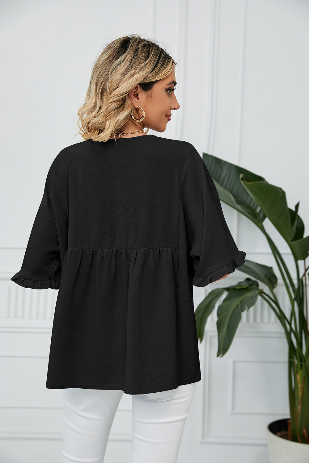 Summer Solid Color V-neck Loose Pleated Stitching Half Sleeve Chiffon Blouses for Women