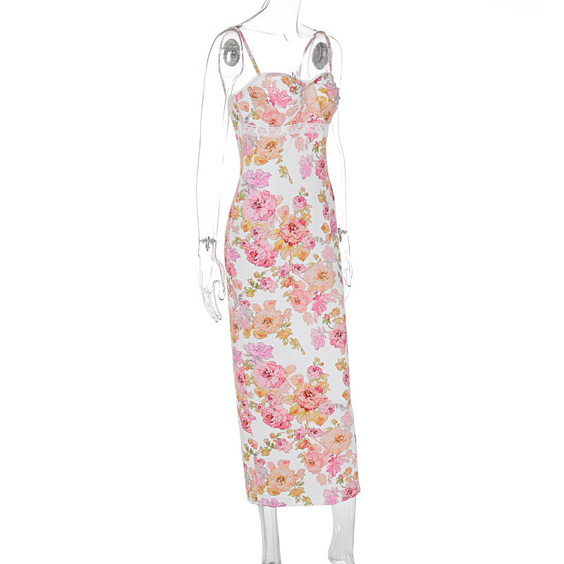 Women Clothing Summer Printing Slim Fit Backless Sling Dress