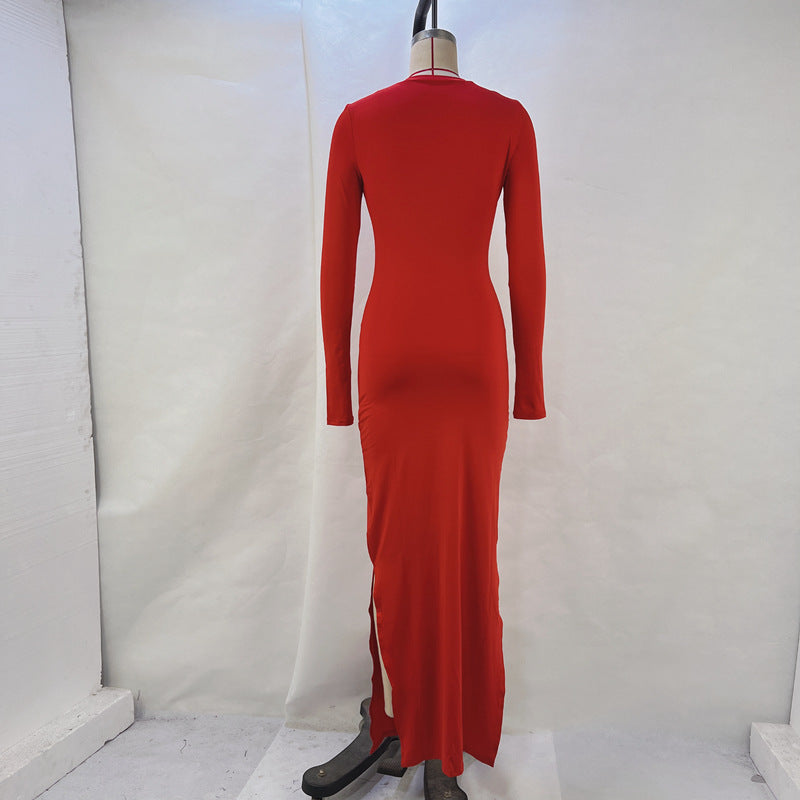 Women Clothing Spring Summer Solid Color Long Sleeve Tight Waist Hip Split Dress Women