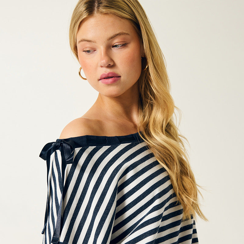 Autumn Casual Laid-Back One-Shoulder Cold Shoulder Classic Striped Sweater for Women