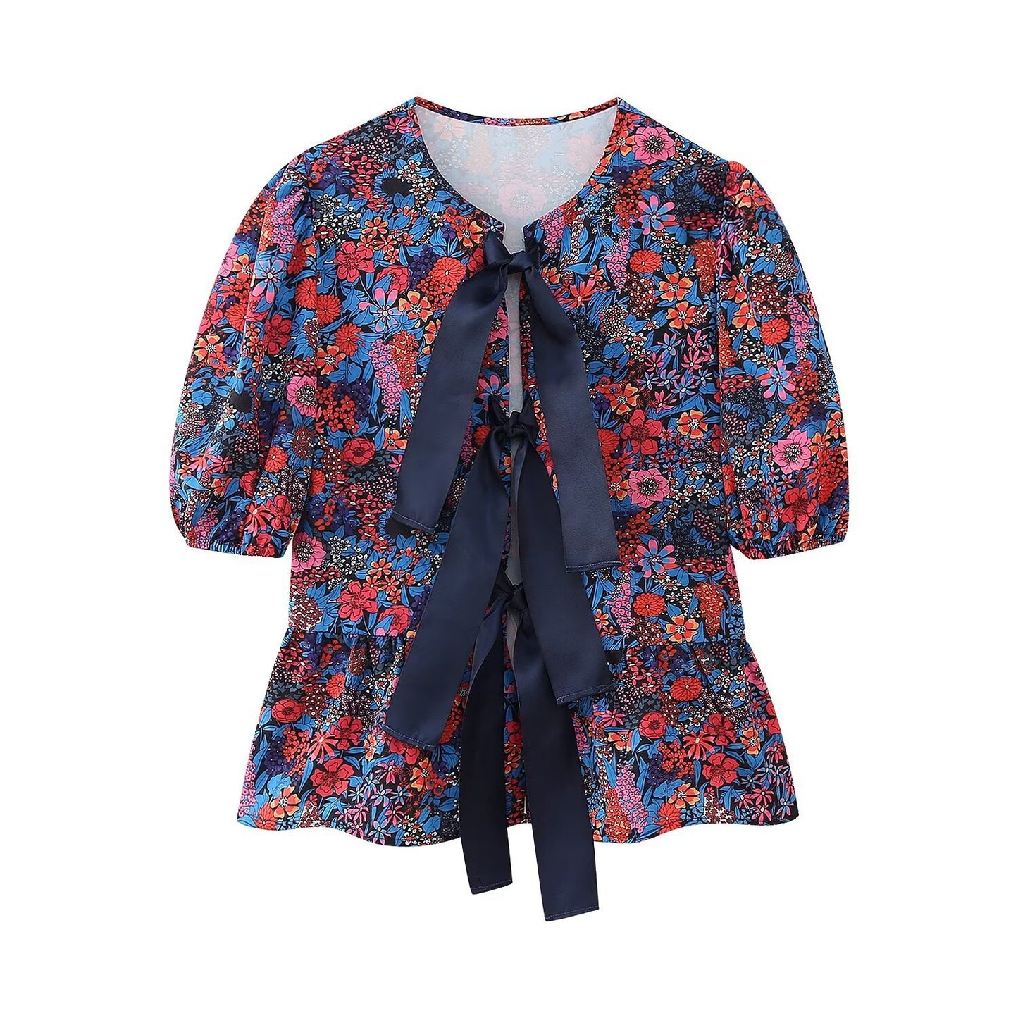 Women Clothing Pastoral Sets Bow Tie Shoulder Floral Puff Sleeve Top Trousers