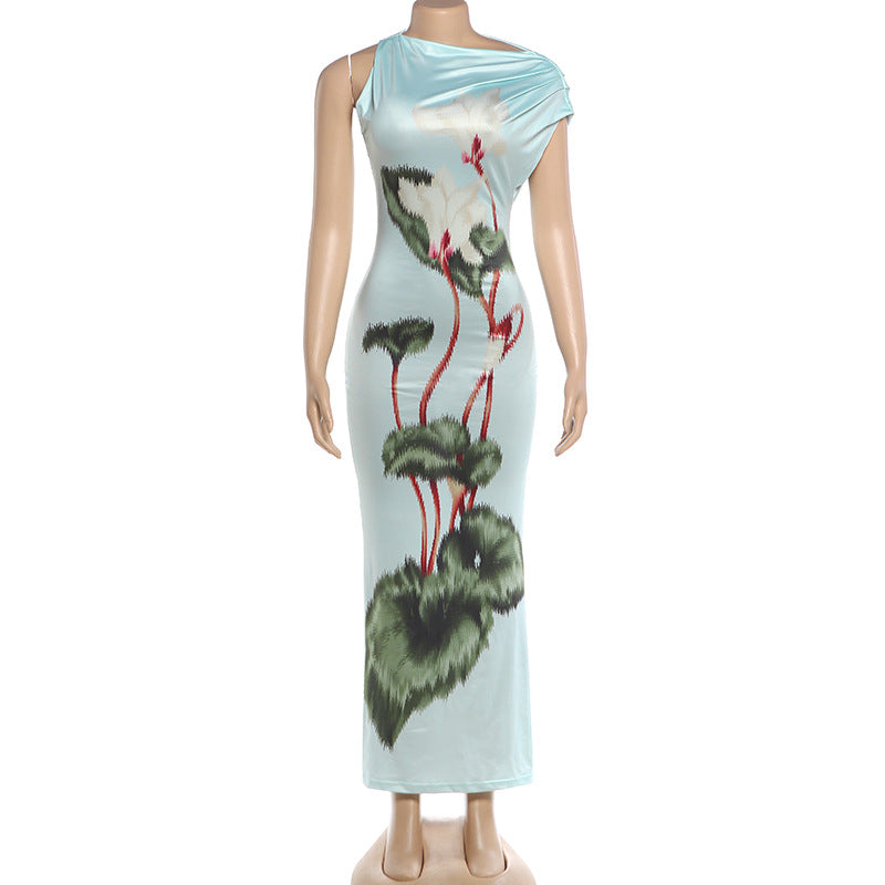 Summer Women Clothing Sexy Oblique Shoulder Collar Tight Waist Thin Looking Cool Printed Sheath Dress