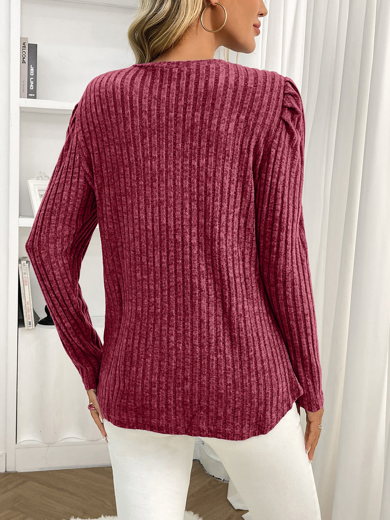 Arrival Women round Neck Puff Sleeve Brushed Sunken Stripe Solid Color Upper Clothes Long Sleeves T shirt