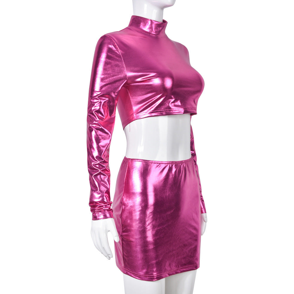 Metallic Coated Fabric Women Clothing Glossy Sexy Bare Cropped Slim Fit Hip Skirt Set