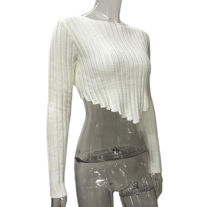 Spring Top Women Clothing Loose Rib Long Sleeves Cropped Short Sweater Women