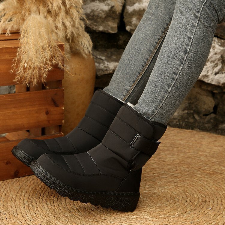 Winter Fleece Lined Warm Slugged Bottom Snow Boots Women Velcro down Cloth Mid Calf Cotton Shoes