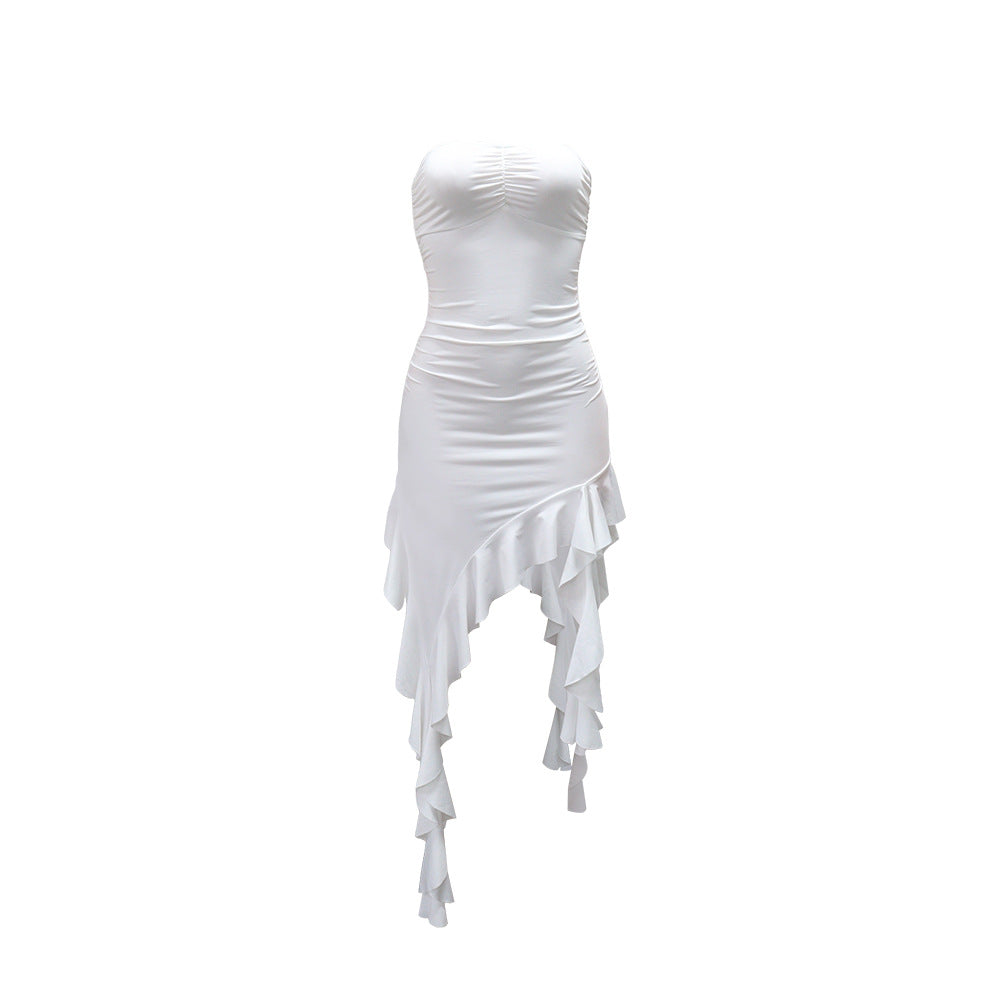 Tube Top Irregular Asymmetric Dress Solid Color Ruffles Dress Women Sheath