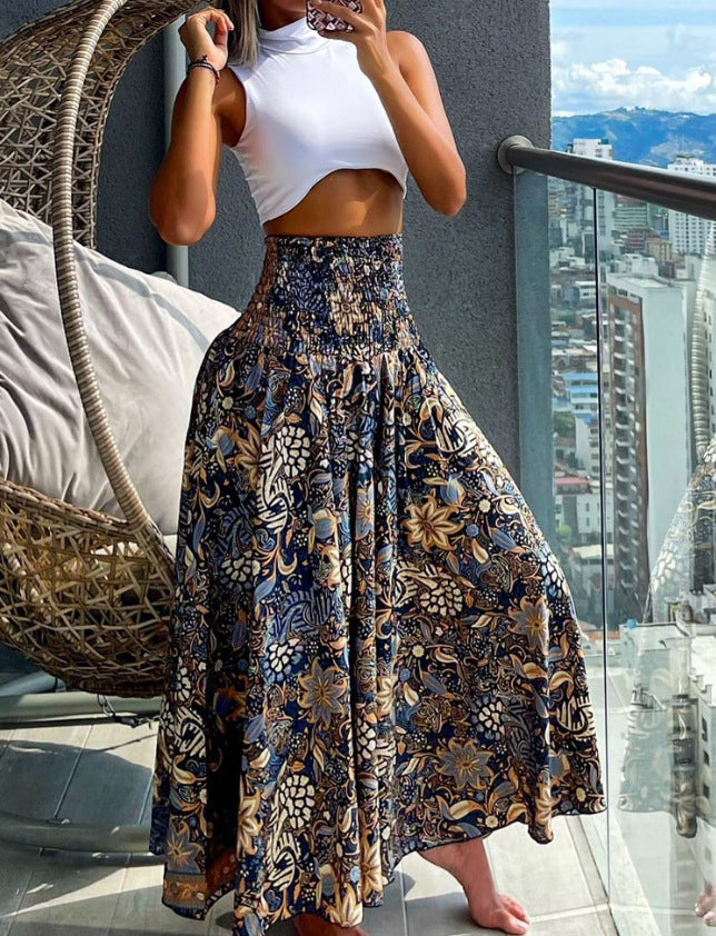 Women Clothing Printed Waist-Controlled Casual Trousers Wide Leg Pants