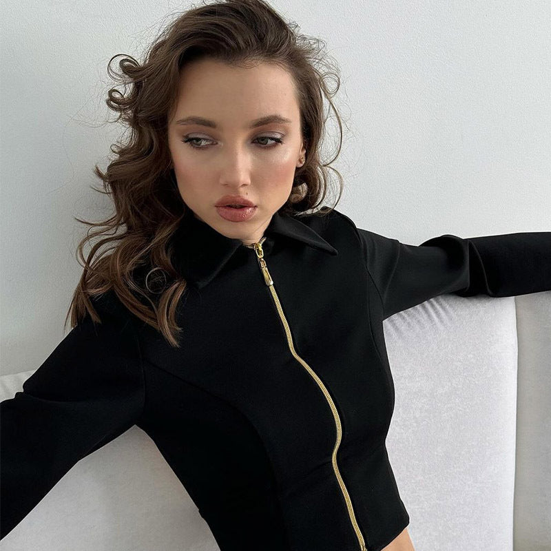Autumn Women Clothing Sexy Long Sleeve Zipper Cardigan Slim Fit Slim Sexy Backless Short Top
