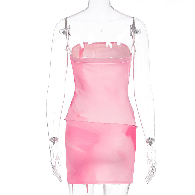 Summer Sexy Sexy Printing Pleating Tube Top Short Type Half Length Skirt Two Piece Sets Women
