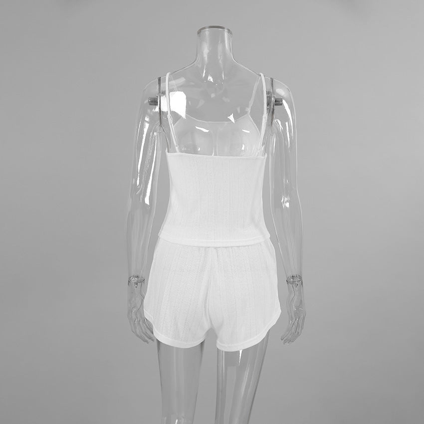 Summer Sexy Knitted Suspender Shorts Ladies Homewear Jacquard White Cool Pajamas Two Piece Set