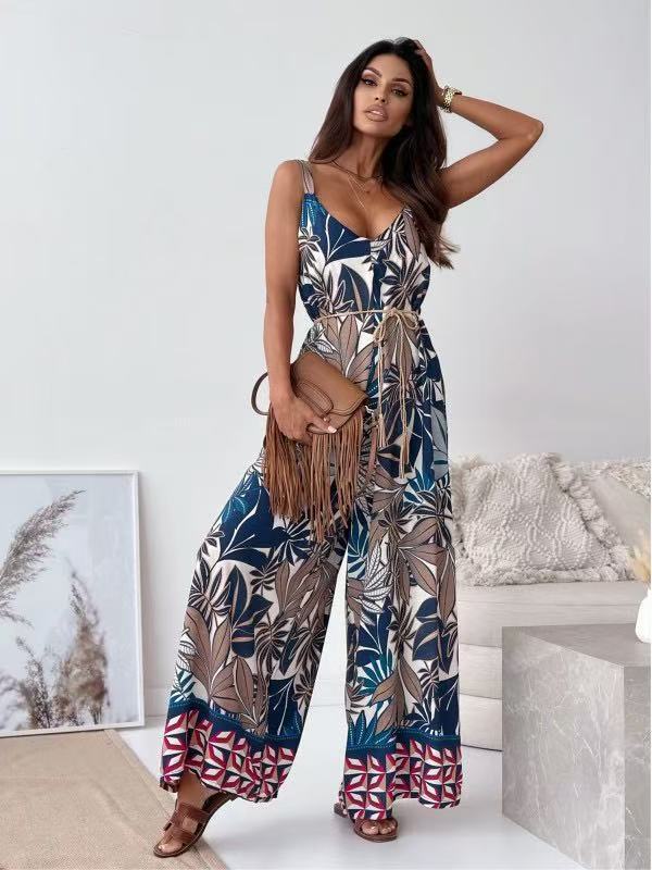 Women Clothing Summer Positioning Floral V neck Brace One Piece Wide Leg Pants with Belt