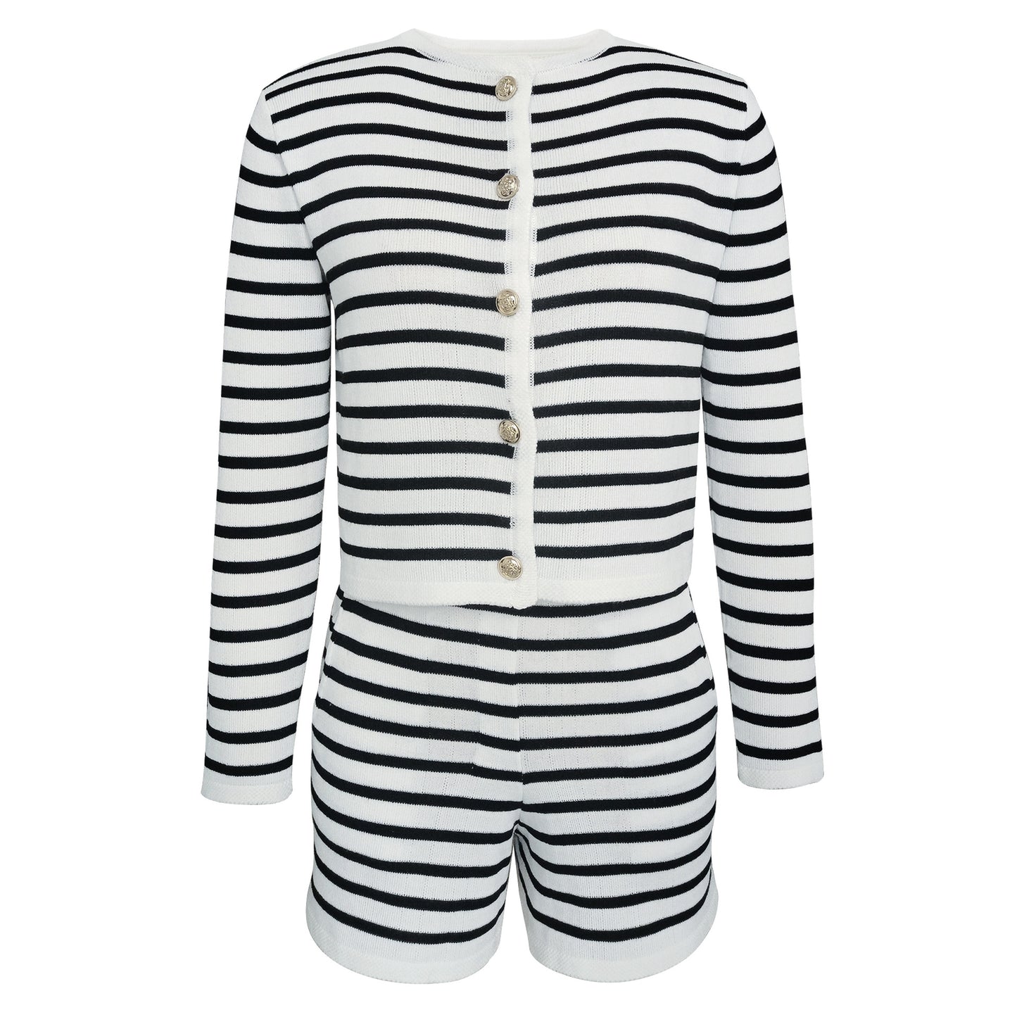 Women Clothing Striped Round Neck Knitted Cardigan Casual Sweater