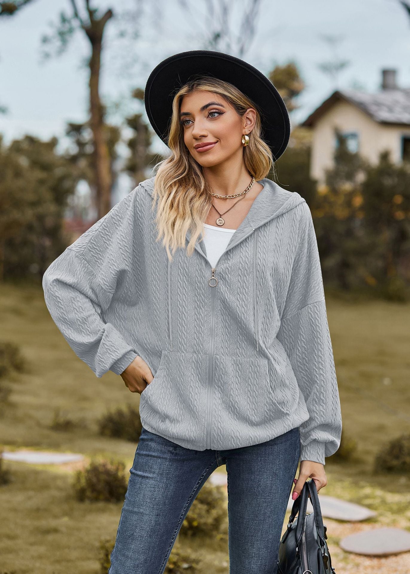 Autumn Winter Solid Color Pocket Long Sleeve Loose Hooded Sweatshirt Women Coat