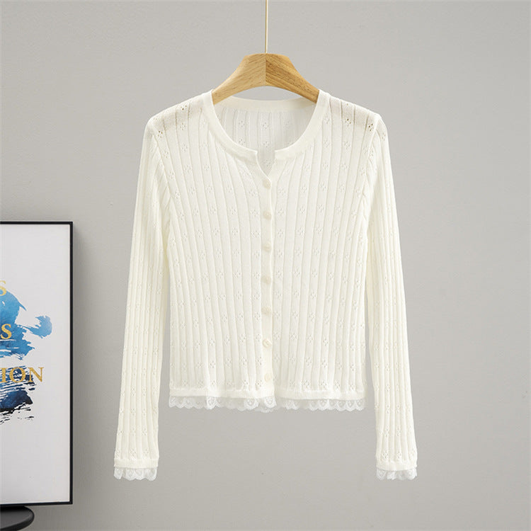 Hollow Out Cutout out Crocheted Lace Knitted Cardigan Women Summer Thin Slub Linen Sun Protection Shirt Top