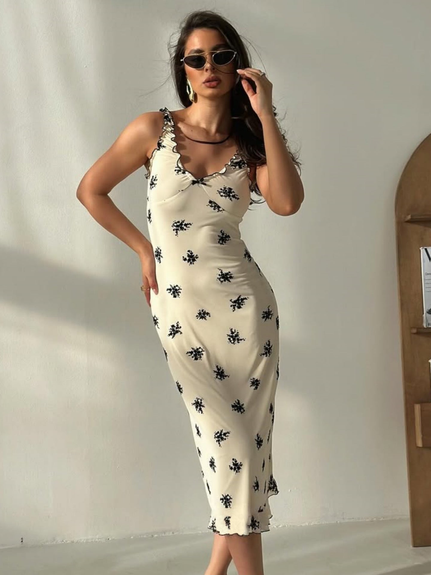 Summer French Sexy Bow V neck Strap Women Slim Hip Dress