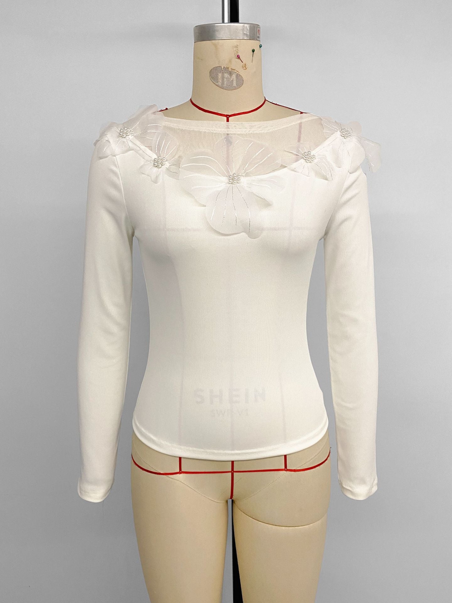 Spring Autumn Elegant Office Slim Fit Three Dimensional Floral Mesh Stitching Solid Color Top Women