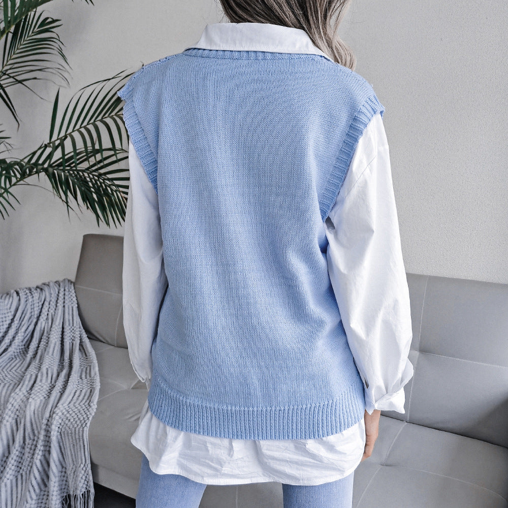 Autumn Winter Cutout Twist V neck Knitted Vest Sweater Women Clothing