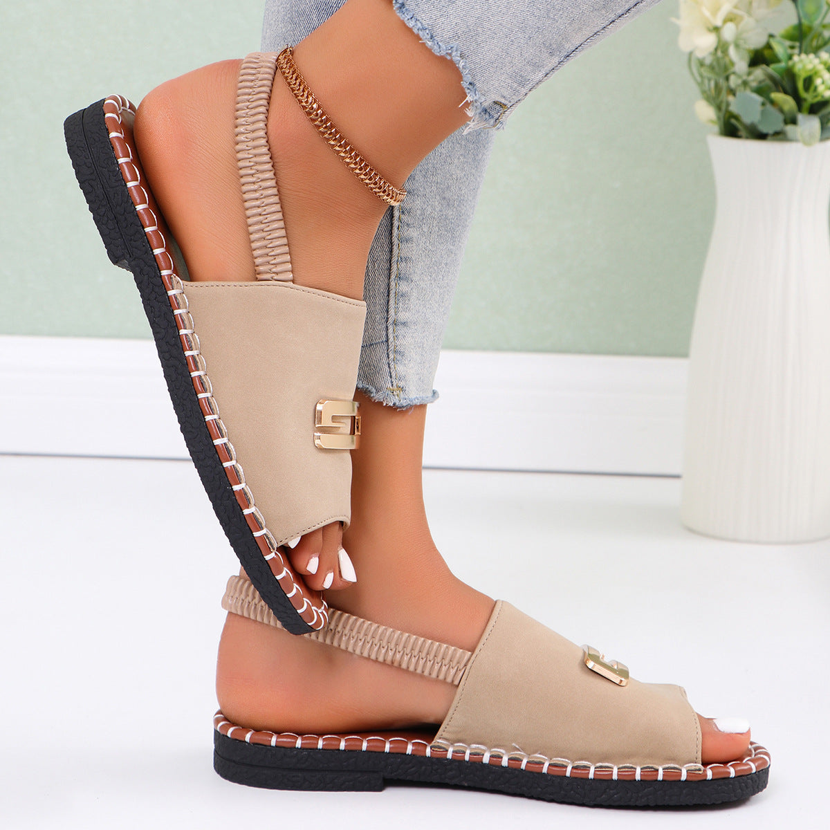 Elastic Band Flat Sandals Women's Cloth Buckle Open Toe Beach Slippers