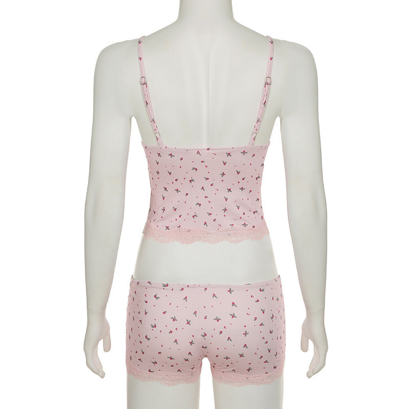Casual Homewear Small Floral Lace Sexy Camisole Shorts Pajamas Two Piece Set