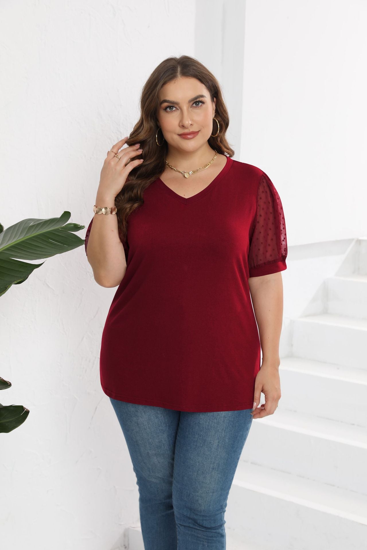 Women Clothing Mesh Fluffy Short Sleeve Puff Sleeve V neck Solid Color T shirt Women