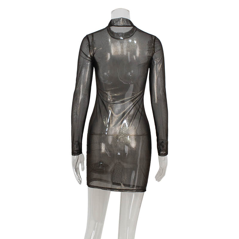 Women Sexy Mesh Long Sleeve Slim Bronzing Thin Glittering Dress Sheath Blouse