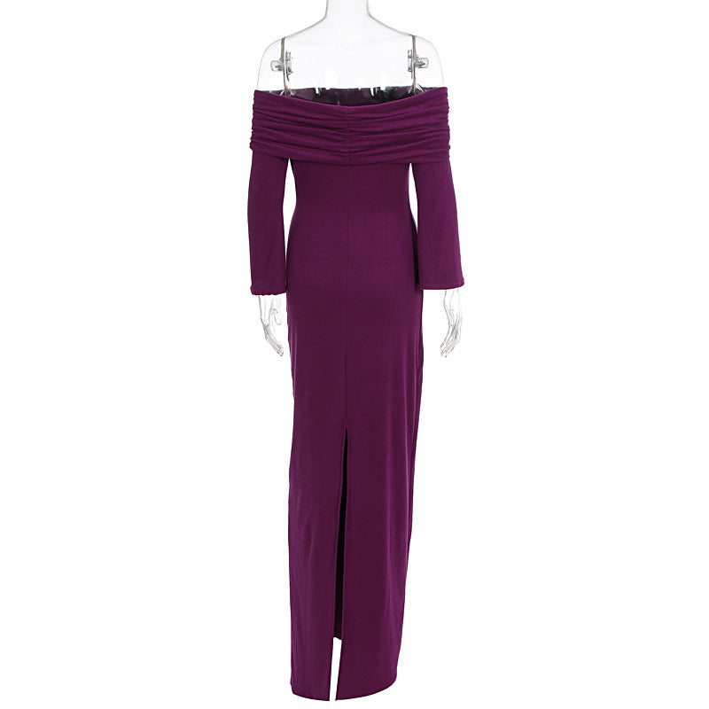 Maxi Dress Women Sexy Solid Color off Shoulder Pleated Long Sleeve Autumn Dress Women