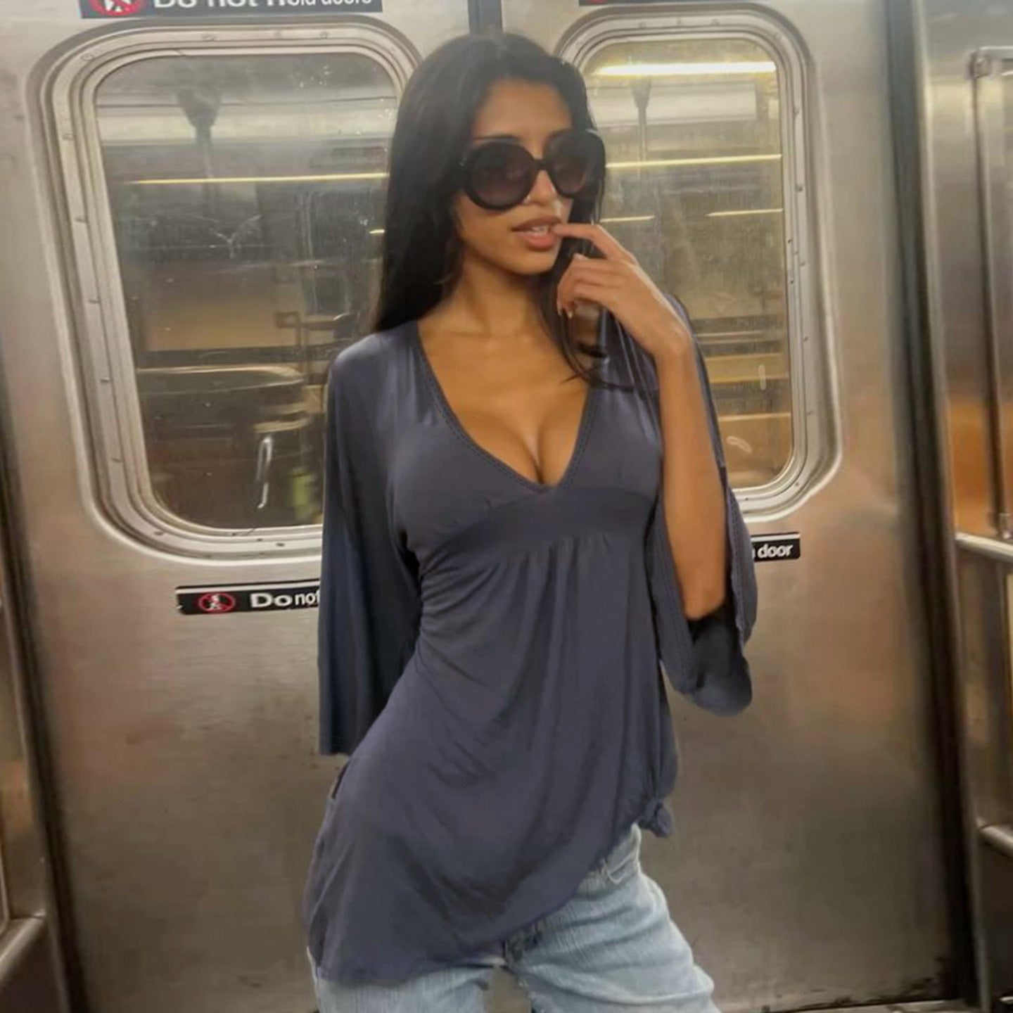 Sexy V neck Solid Color Draping Half Sleeve T shirt Women Bell Sleeve Waist Controlled a Swing Top