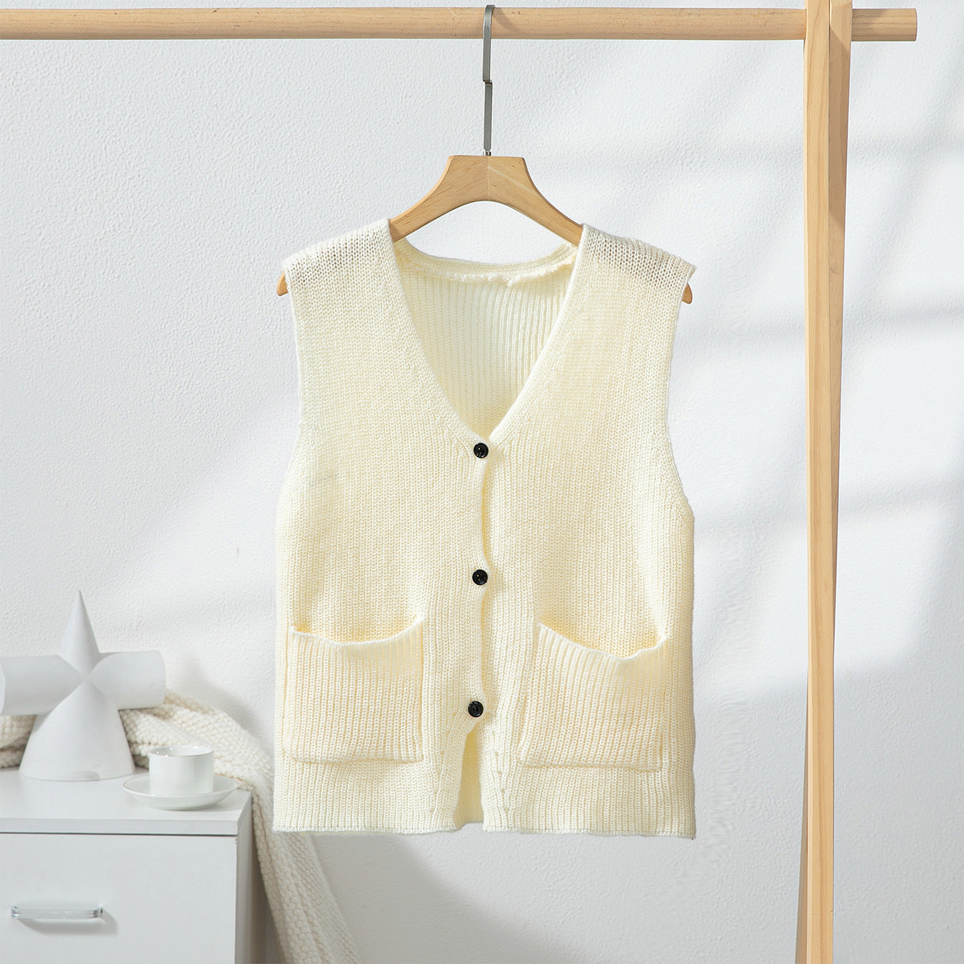 Solid Color Single Breasted Sweater Vest Summer V neck Pocket Knitted Vest