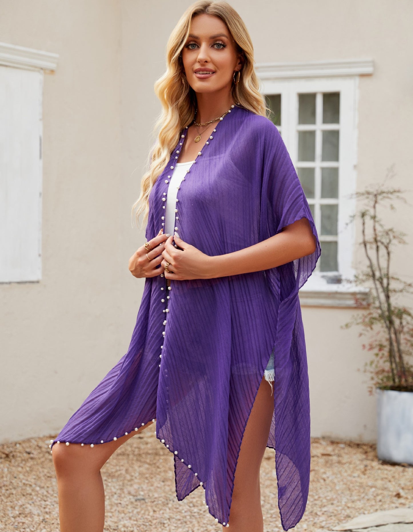 Pearl Breasted Solid Color Blouse Beach Dress Sunscreen Sexy Shawl Blouse Seaside Vacation Cardigan