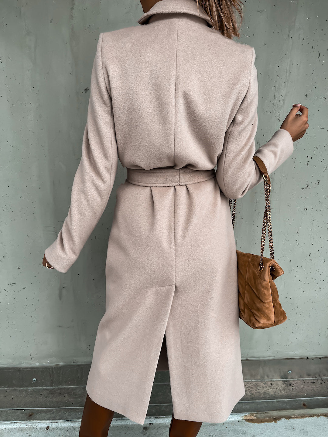 Autumn Winter Women Clothing Solid Color Polo Collar Long Sleeved Woolen Coat Simple Lace up Trench Coat