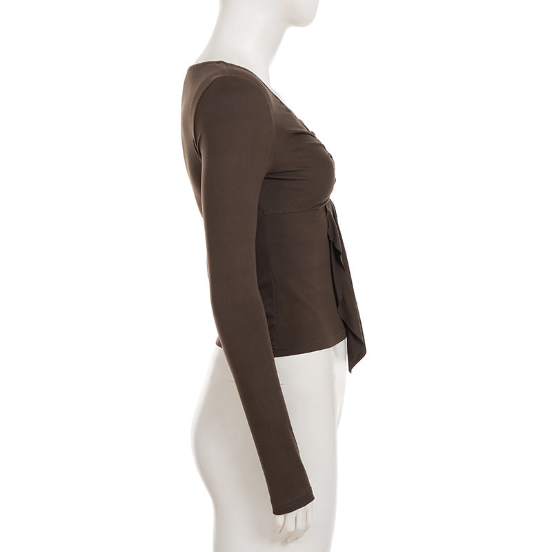 Retro Solid Color V neck Design Long Sleeve T shirt Women Irregular Asymmetric Pleated Slim Fit Slimming Top