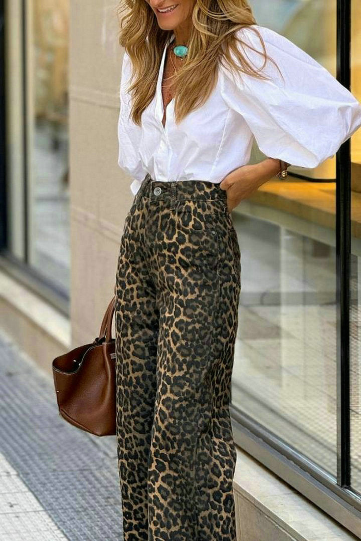 V neck Puff Sleeve White Shirt High Waist Retro Leopard Print Wide Leg Pants Two Piece Sets