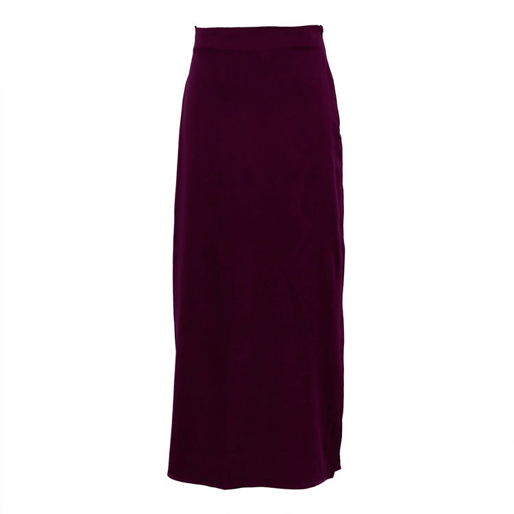 Women Clothing Wine Red Long Skirt Spring Autumn Simple Temperamental All Match High Waist Satin Hip Skirt