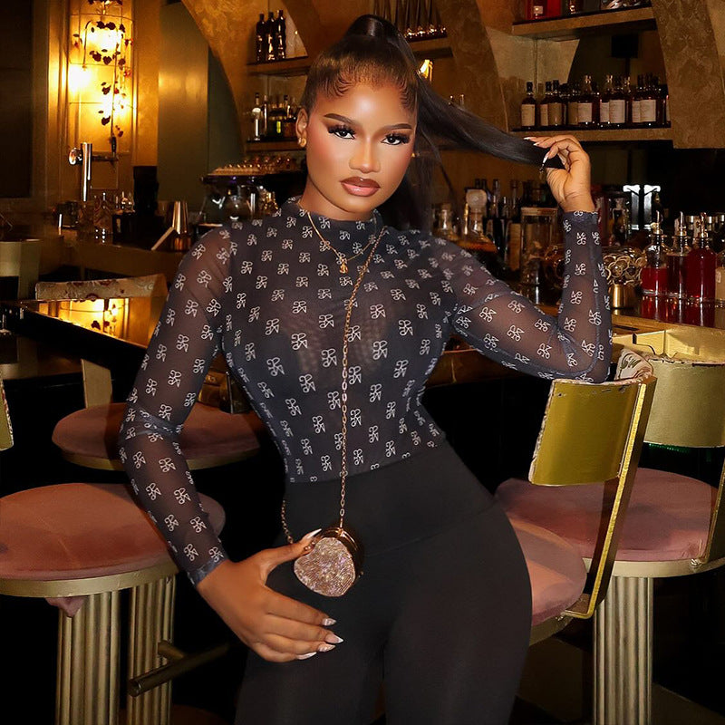 Women Clothing Stitching Micro Transparent Sexy Print Jumpsuit Skinny Sheath Slim Fit Long Sleeve Round Neck Jumpsuit
