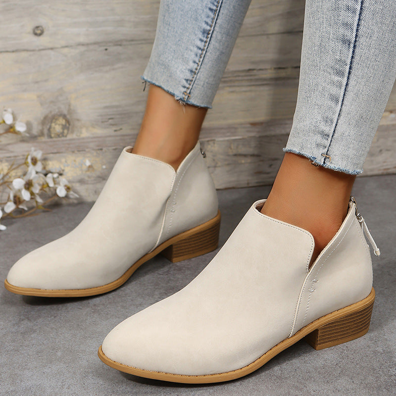 Four Seasons British Chunky Heel Ankle Boots Women Solid Color Pointed Toe Back Zipper Low Heel Shoes