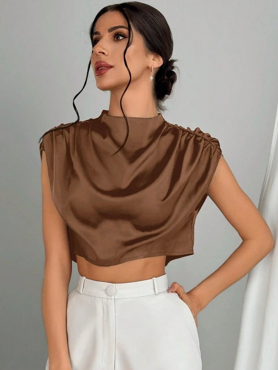 Women Clothing Pleated Batwing Sleeve Satin Shirt Stand Alone Satin Artificial Silk Short Top