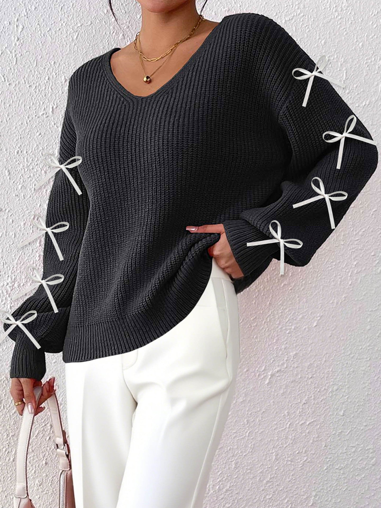 Women Autumn Winter Coat Women Clothing Ribbon Bow Decorative Woven Pullover