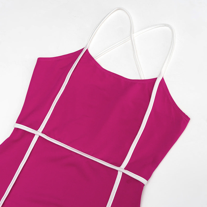 Cross Shoulder Strap Sleeveless Beauty Back Contrast Color Slim Fit High Waist Sports Jumpsuit