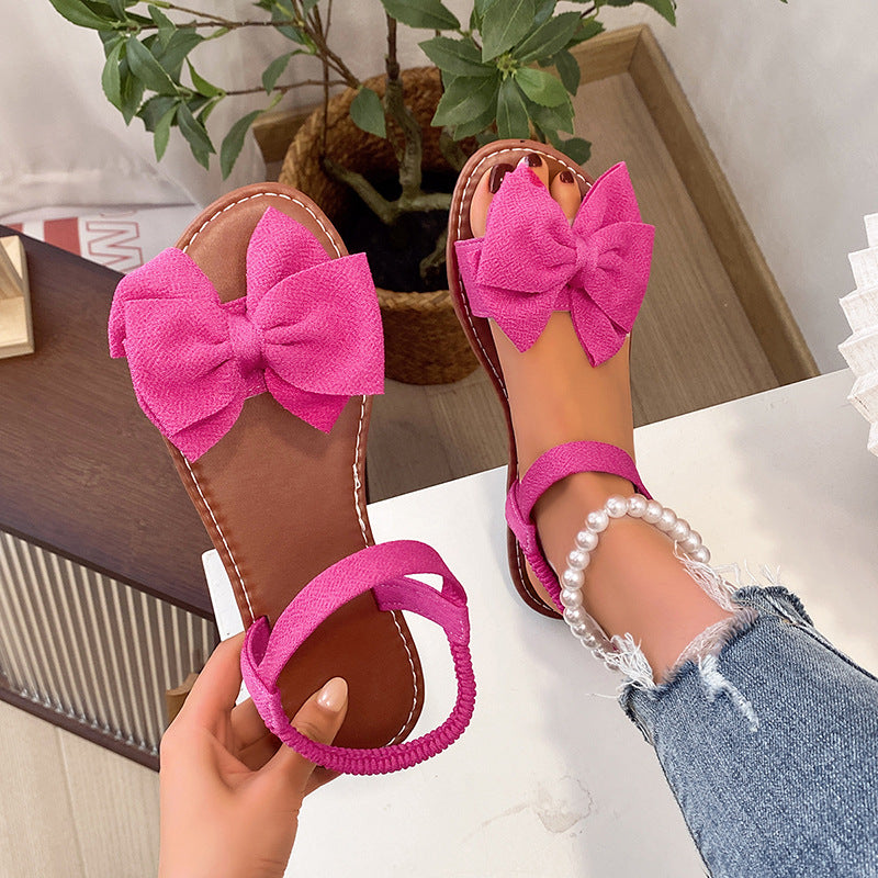Bow Open Toe Flat Sandals Women Back Empty Elastic Band Casual Beach Sandals