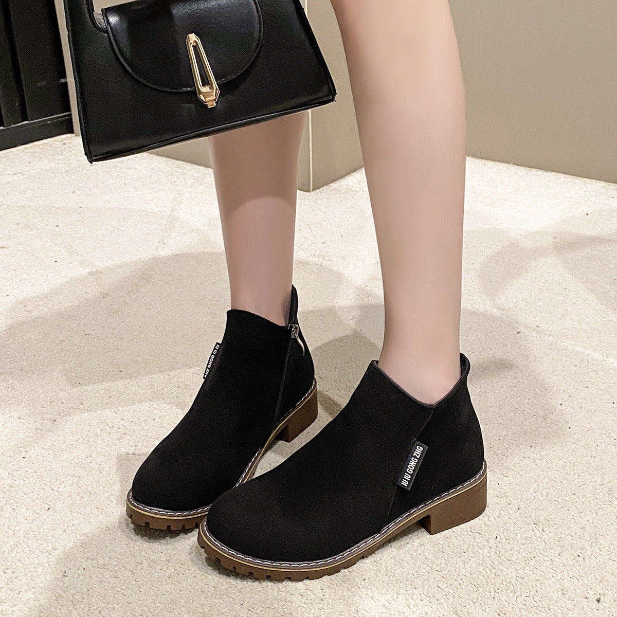Short Mid Heel Retro Frosted Short Boots Women Thick Heel Flat Side Zipper Martin Boots