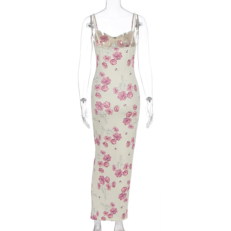 Summer Women Printed Lace Stitching Sexy Slim Hip Spaghetti Straps Dress