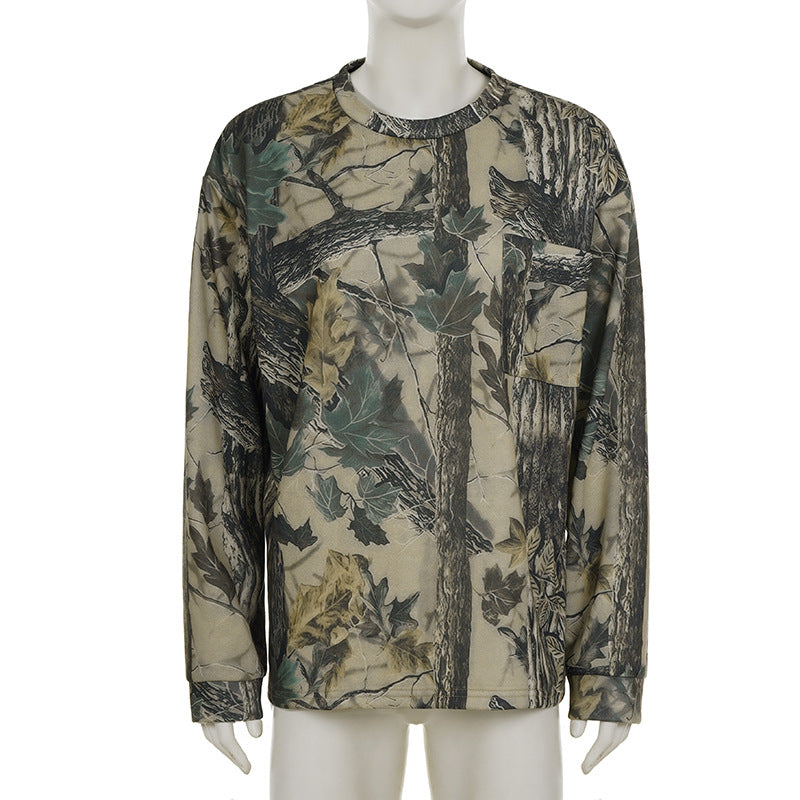 Retro Casual Camouflage Leaf Print Long Sleeve Crew Neck Sweater Spring Autumn Loose Long Sleeve Street Top