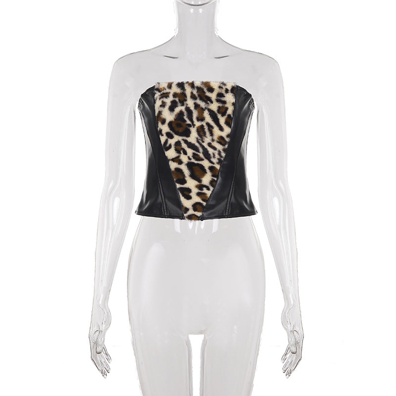 Women Clothing Two Piece Sets Leopard Fur Stitching Leather Tube Top Sexy Hip Skirt Two Piece Sets