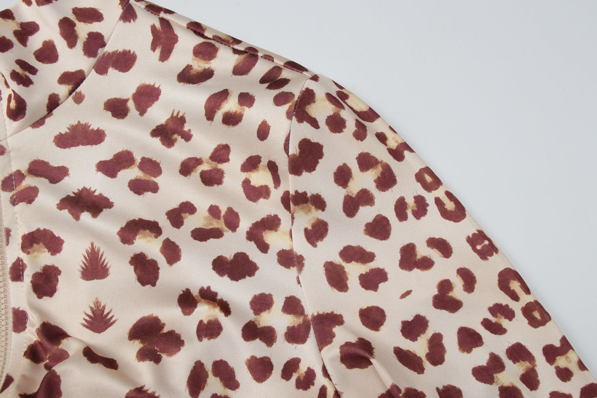 Autumn Winter Women Long Sleeved Leopard Print Flared Pants Zipper Cardigan Slim Fit Bodysuit
